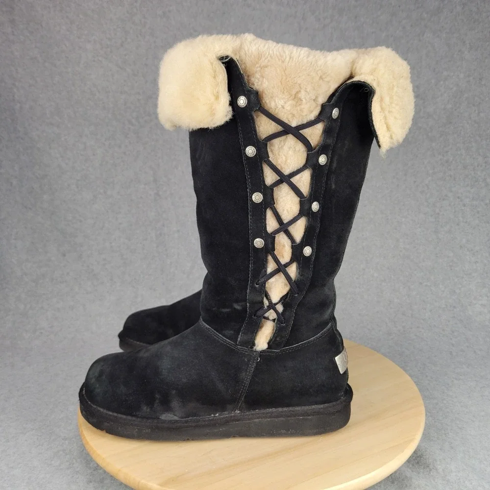 Ugg Upside 5163 Tall Lace Up Boot Women 9 Black Suede Shearling Lining